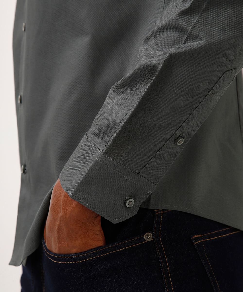 camisa slim de algodão manga longa texturizada verde