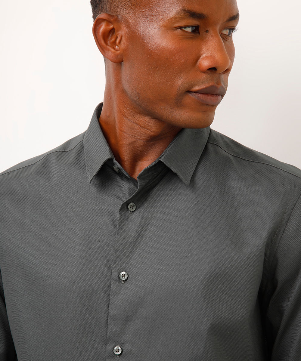 camisa slim de algodão manga longa texturizada verde