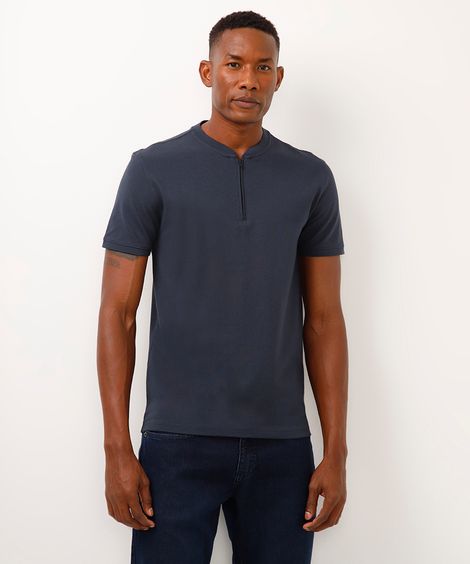 polo slim gola padre com zíper azul