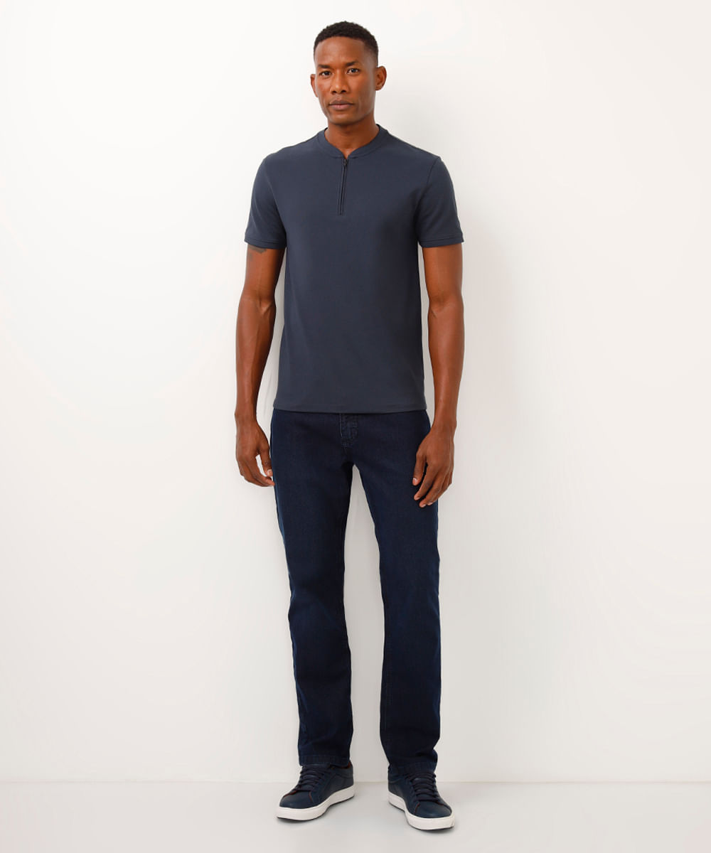 polo slim gola padre com zíper azul