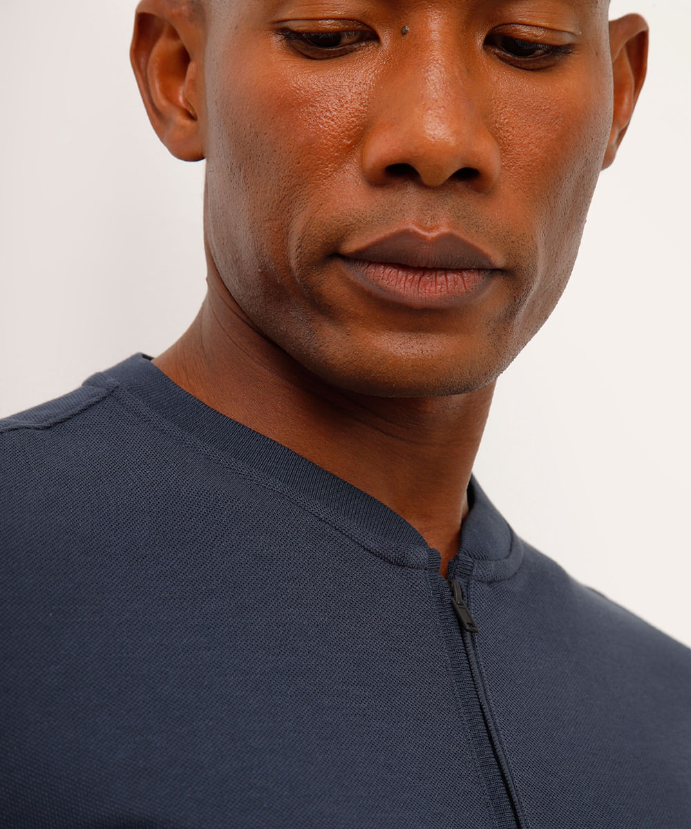 polo slim gola padre com zíper azul