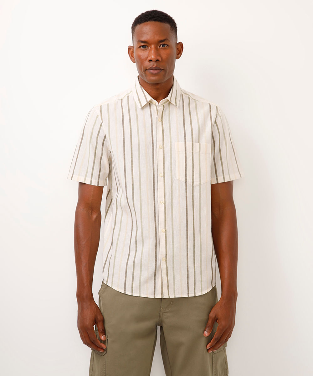 camisa comfort com linho listrada verde