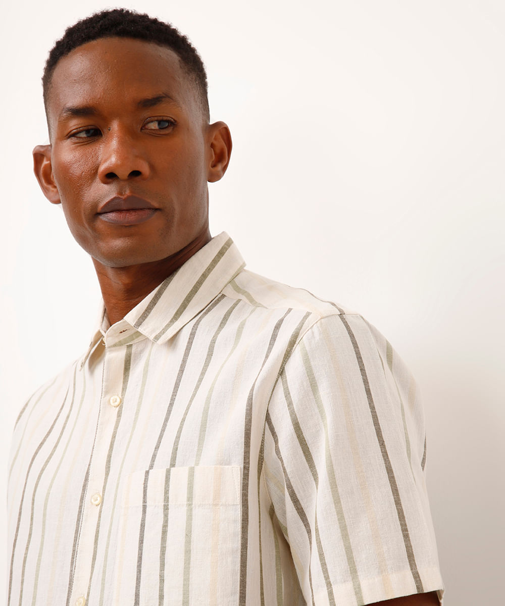 camisa comfort com linho listrada verde