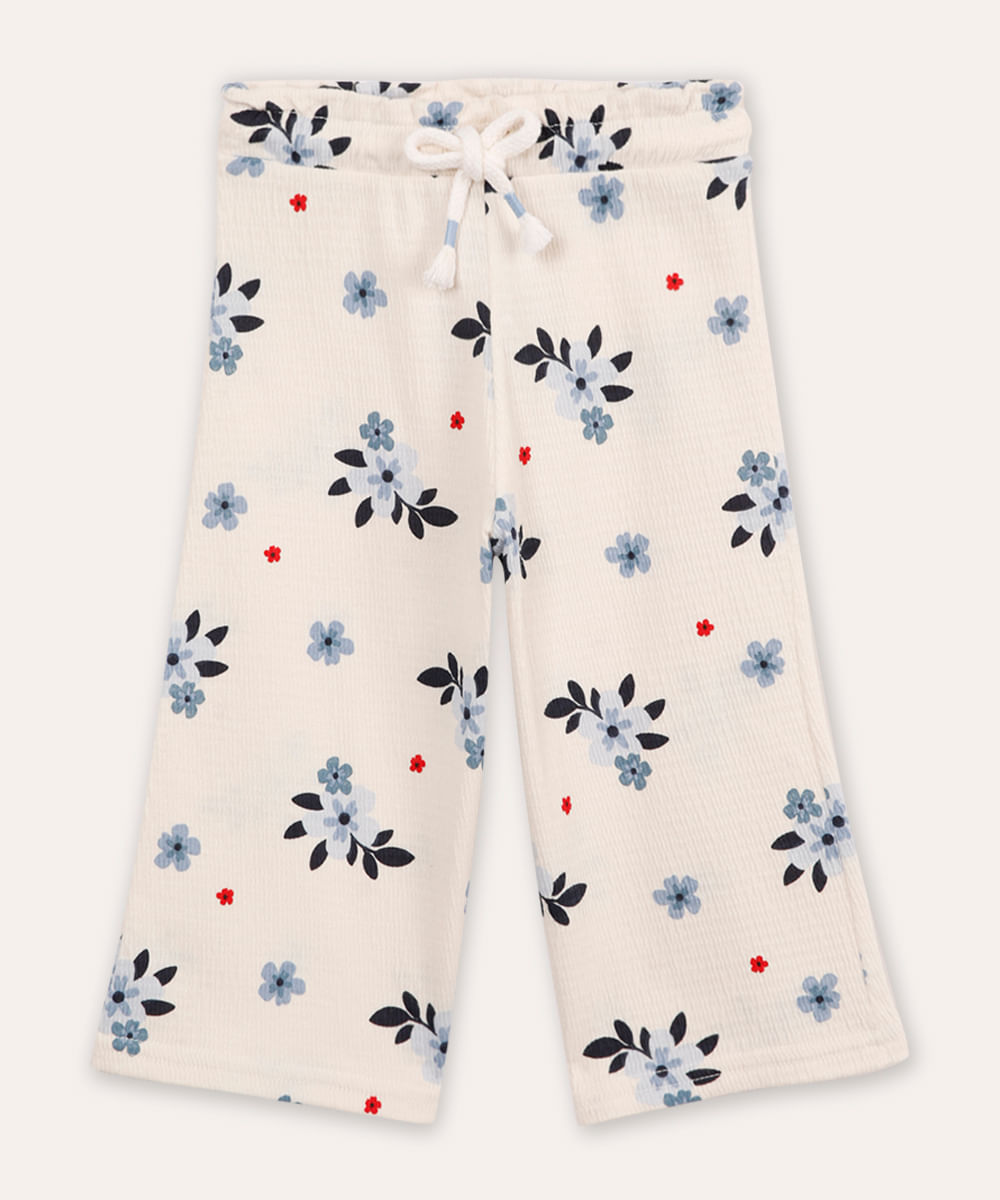 calça de algodão infantil floral texturizada off white