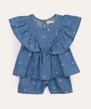 conjunto infantil jeans floral azul