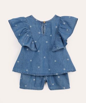 conjunto infantil jeans floral azul