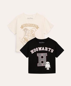 kit de 2 camisetas infantis hogwarts harry potter colorida