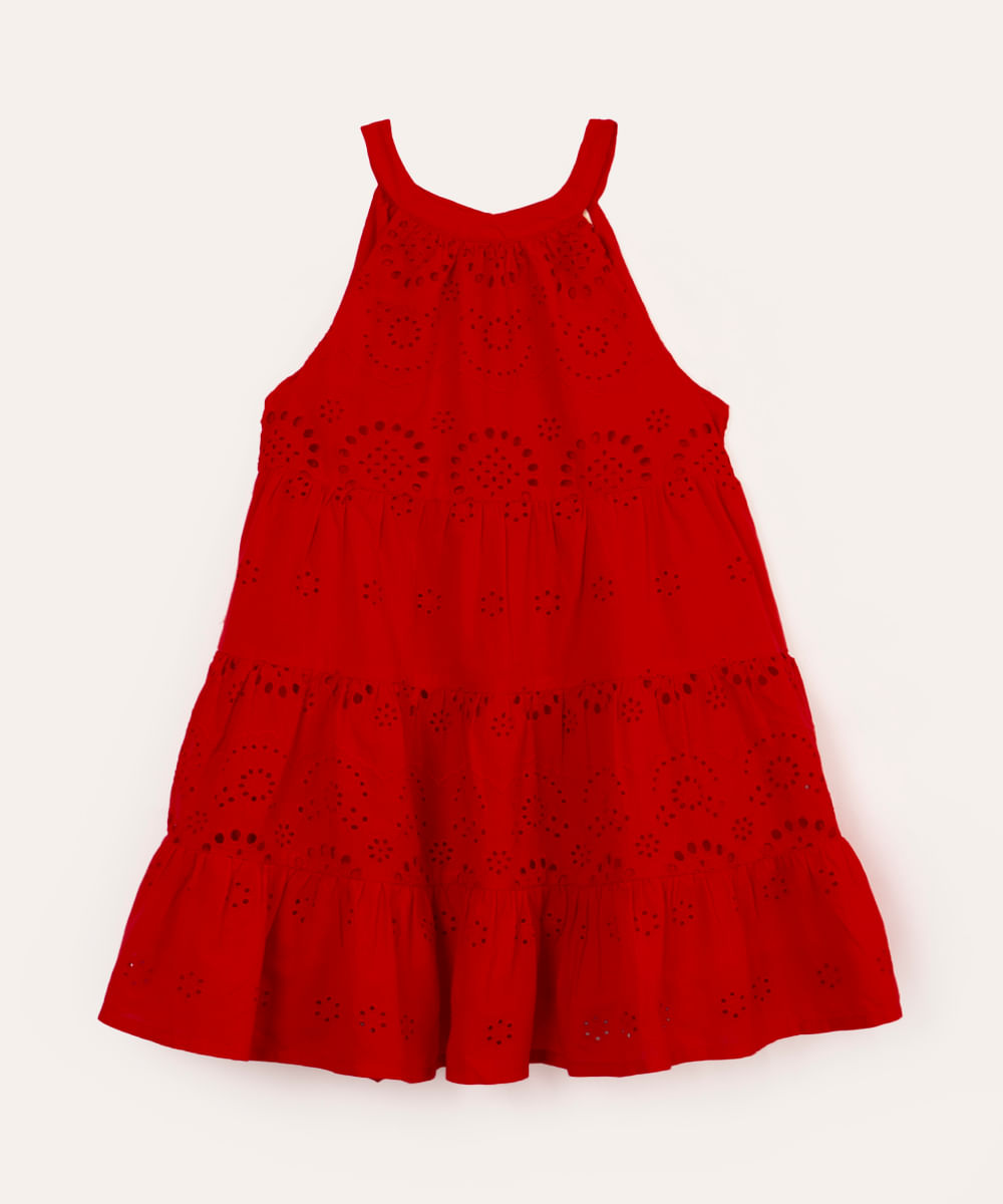 vestido de laise infantil halterneck floral vermelho