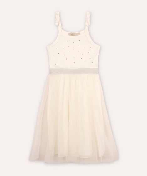 vestido com tule infantil alça fina off white