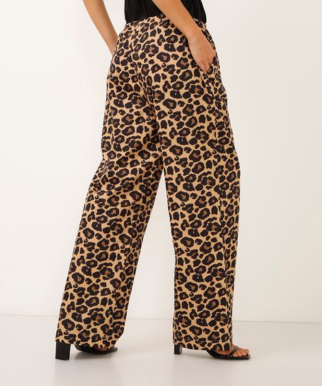 calça reta cós com cordão animal print bege
