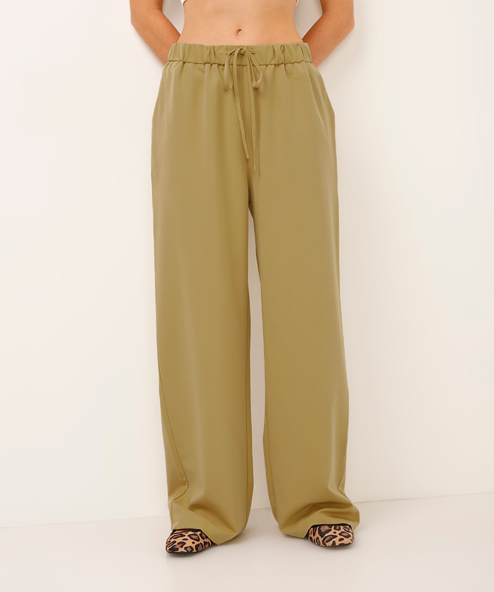 calça reta de alfaiataria cintura alta bege