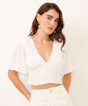 cropped decote v com lurex listrada off white