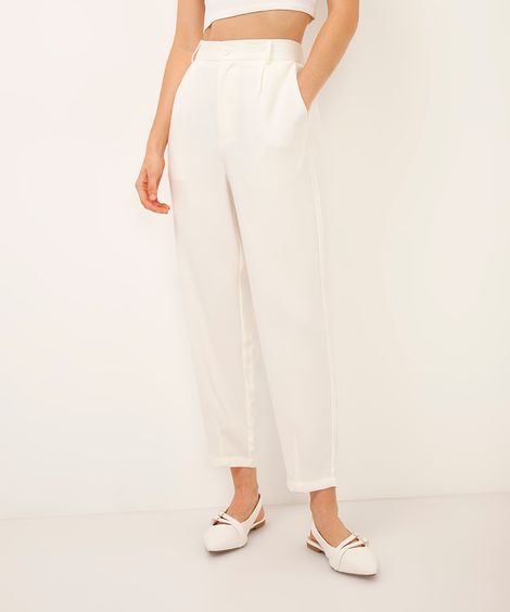 calça alfaiataria de viscose com pregas cintura alta - off white