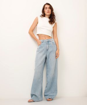 calça jeans oversized com brilhos azul