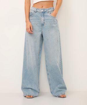 calça jeans oversized com brilhos azul