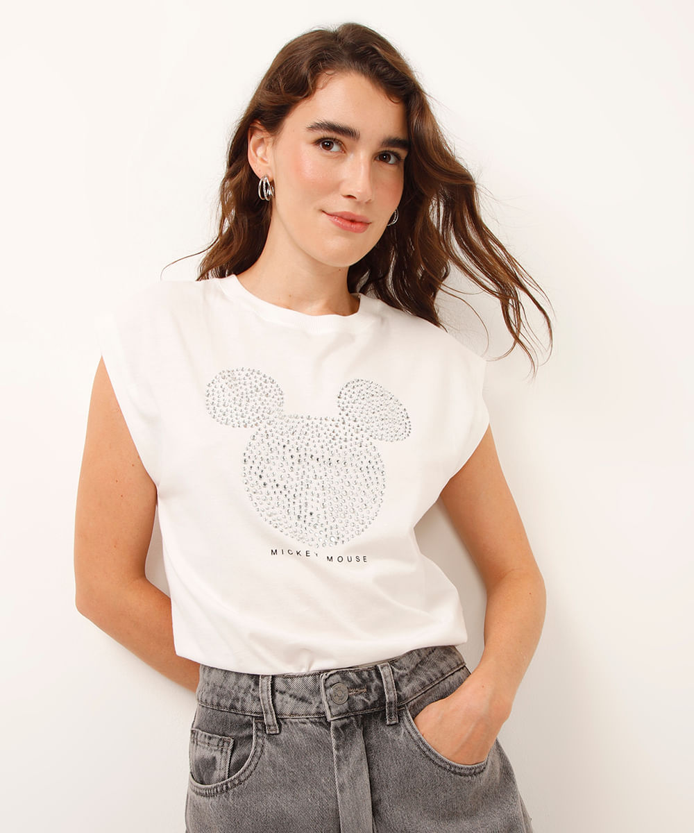 camiseta muscle de algodão mickey com brilhos off white