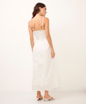 vestido midi decote com renda alça fina off white