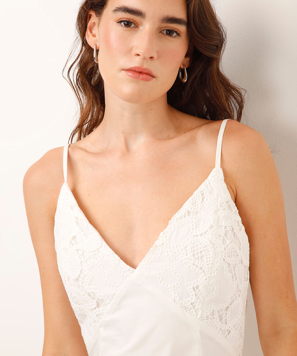 vestido midi decote com renda alça fina off white
