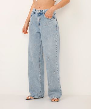 calça wide leg jeans com brilhos azul