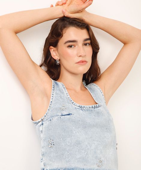 regata jeans com brilhos azul