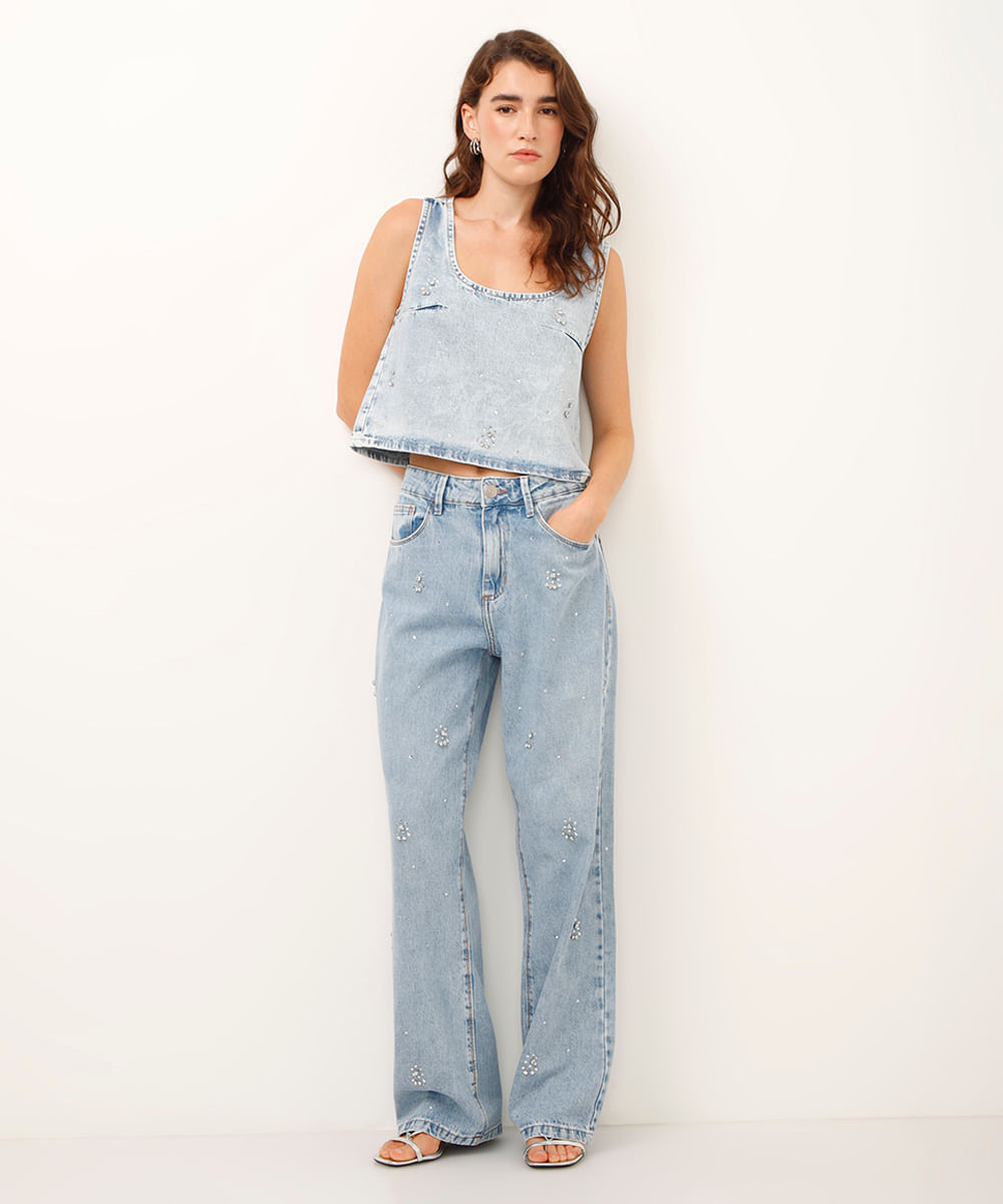 regata jeans com brilhos azul