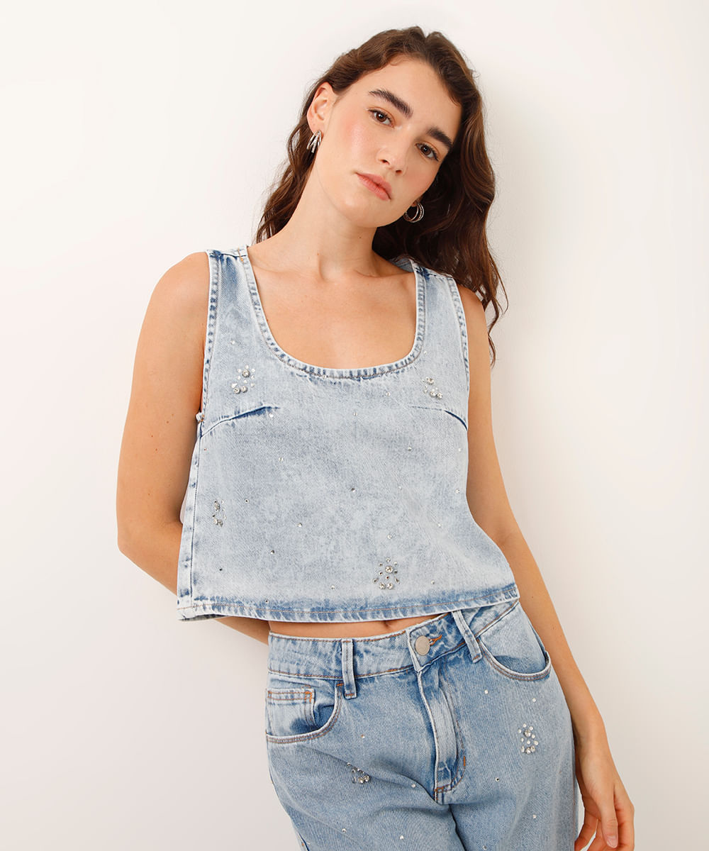 regata jeans com brilhos azul