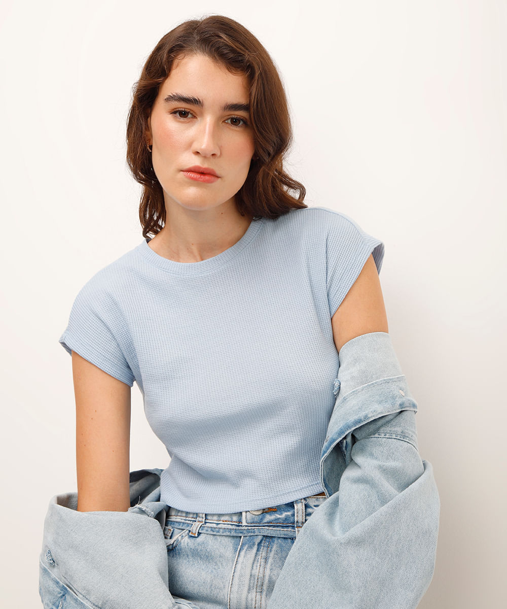 cropped texturizado decote redondo azul