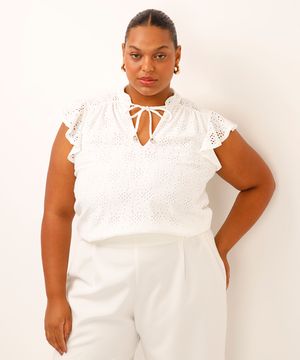 blusa de laise com babados plus size off white