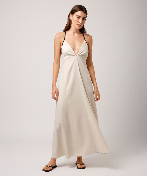 vestido longo alça fina com linho mindset bege