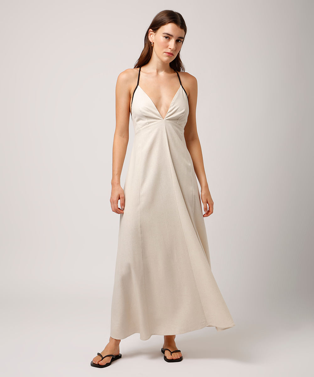 vestido longo alça fina com linho mindset bege