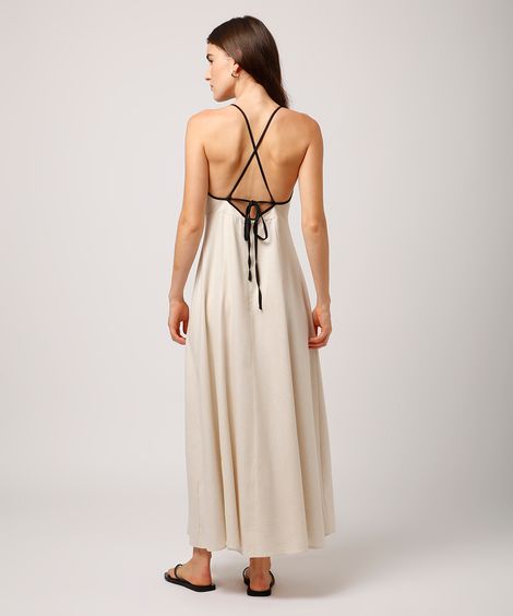 vestido longo alça fina com linho mindset bege