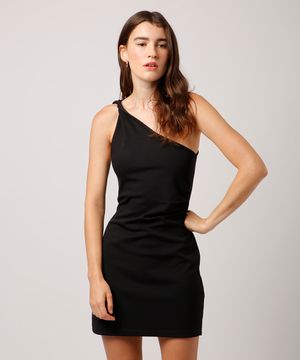 vestido curto ombro único com pregas mindset preto