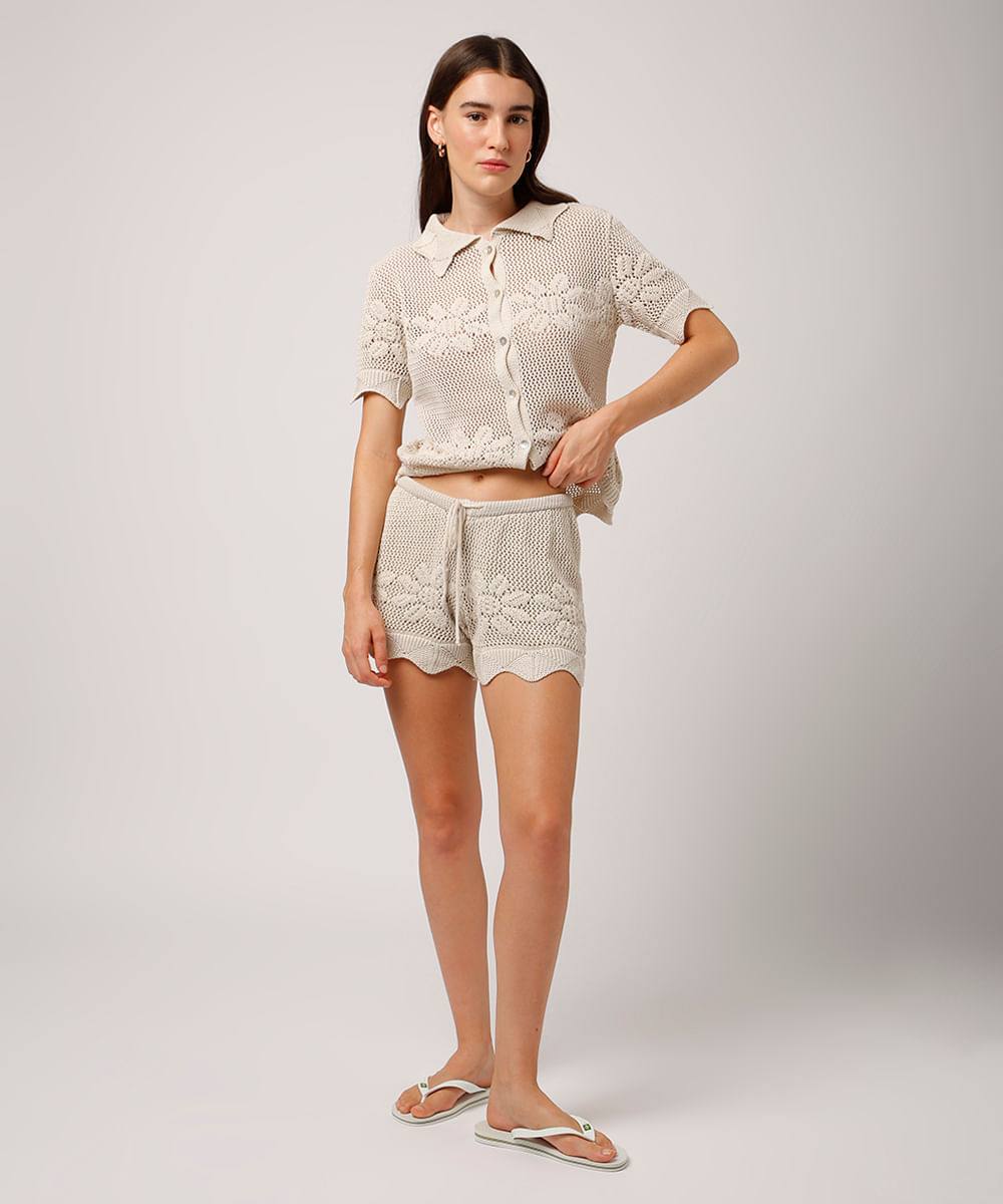 short de tricot floral mindset bege
