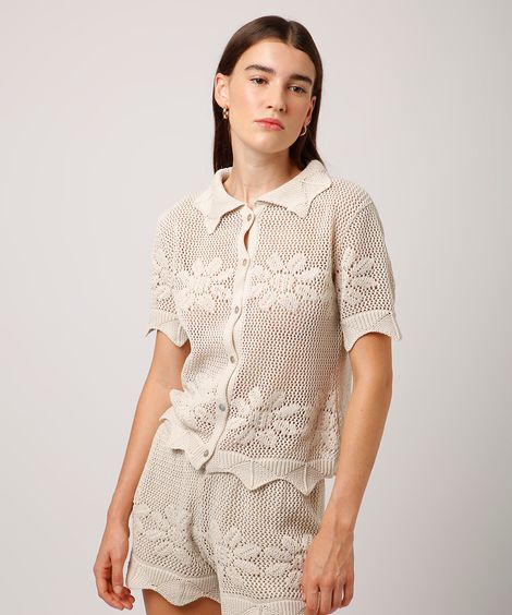 camisa de tricot floral mindset bege