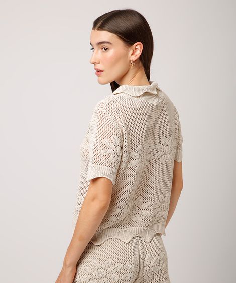 camisa de tricot floral mindset bege