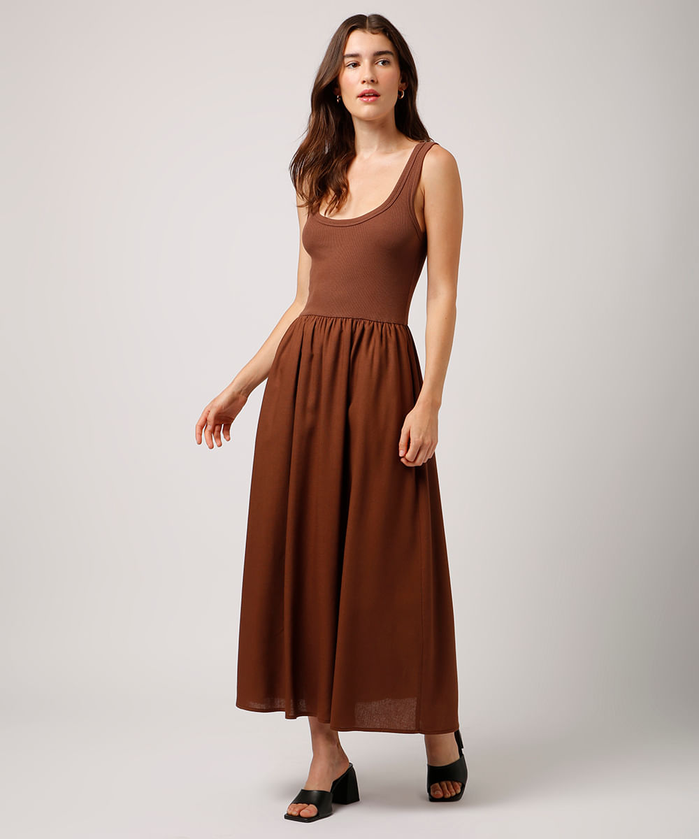 vestido midi com linho mindset marrom
