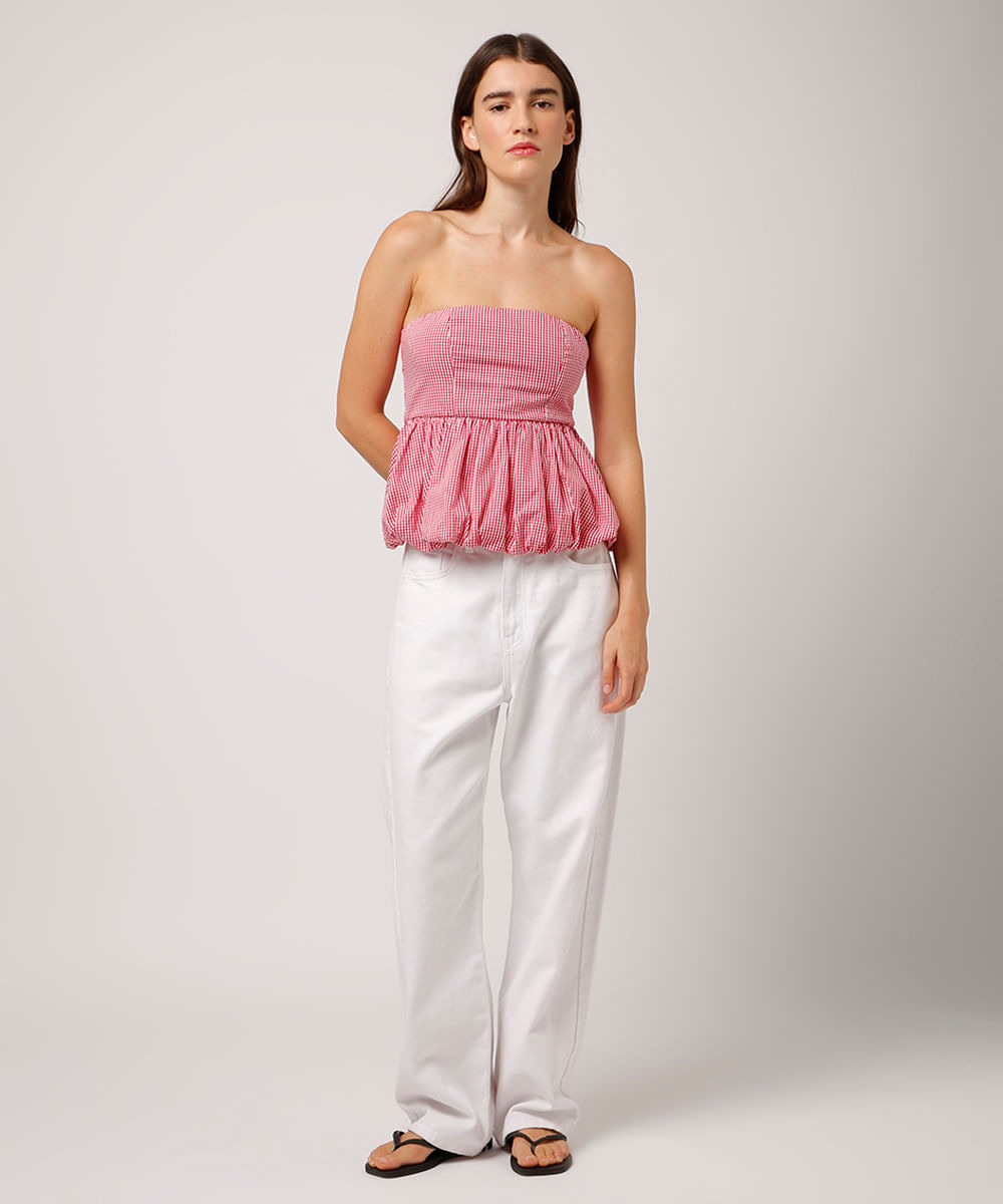 blusa balonê sem alça xadrez mindset vermelha