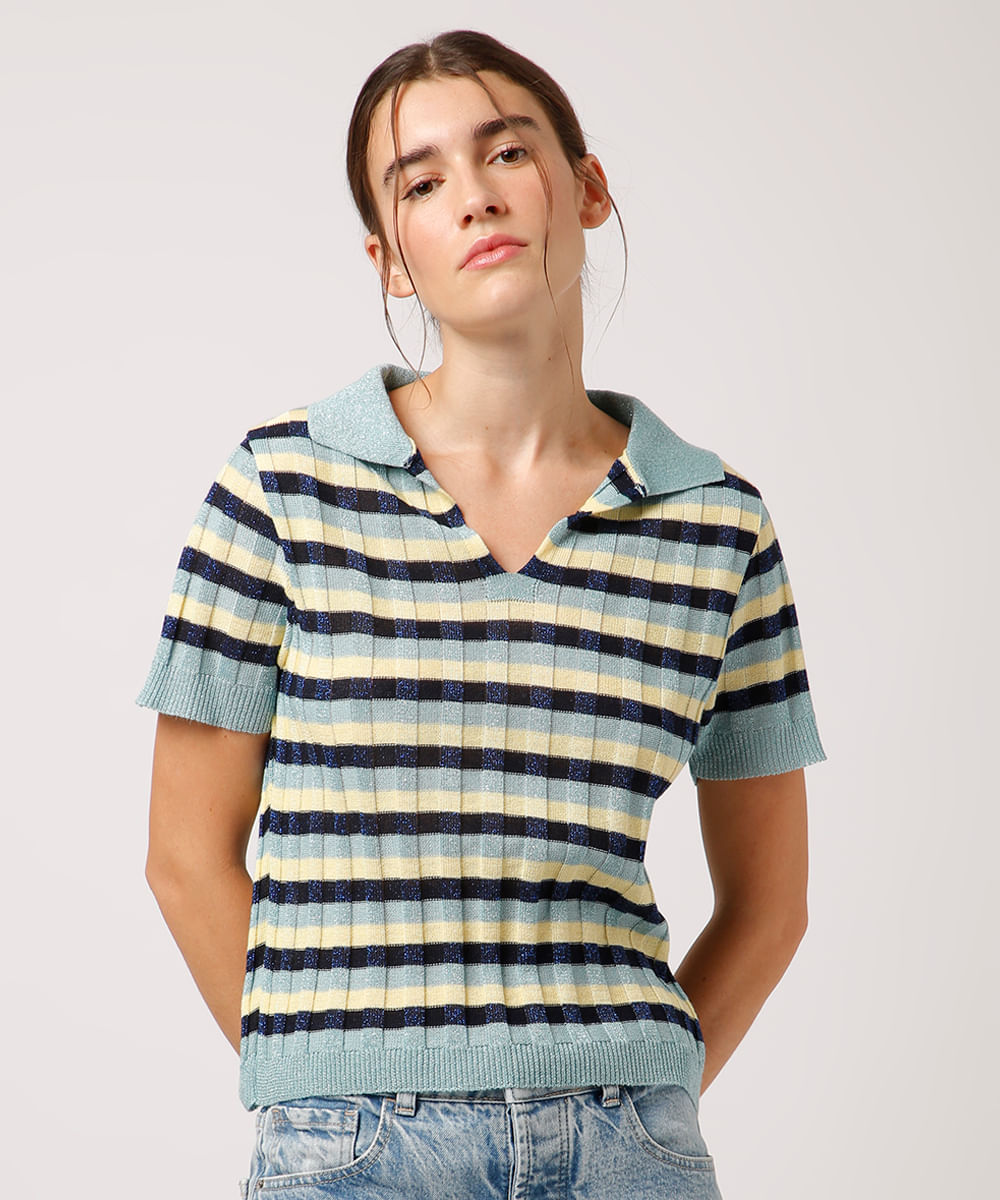 polo de tricot listrada com lurex mindset colorida