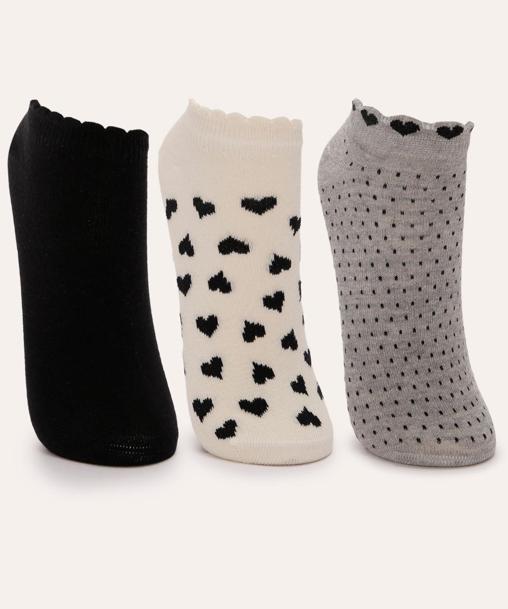 kit de 3 meias cano baixo coração e poá colorida