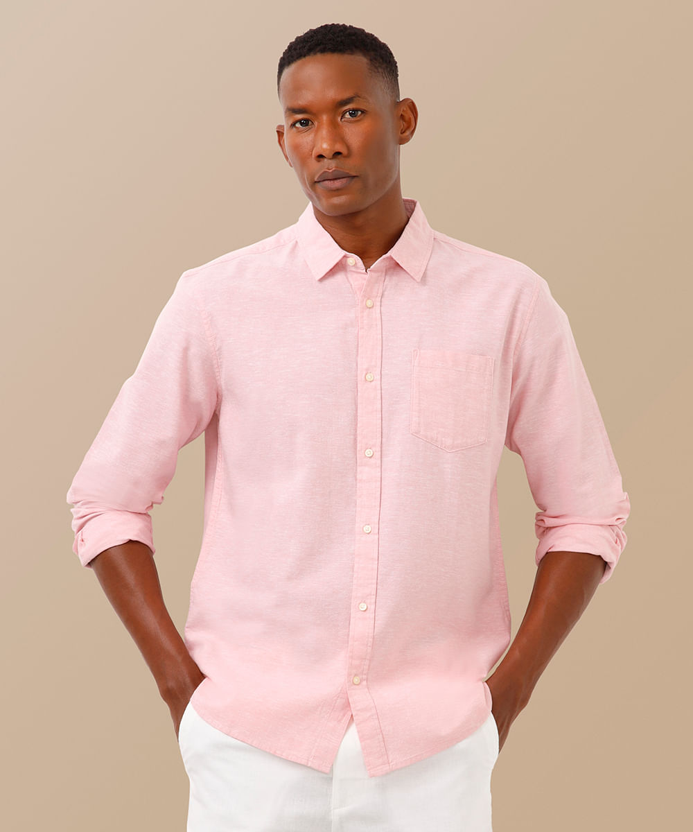 camisa comfort com linho manga longa rosa