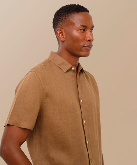 camisa de linho manga curta bege