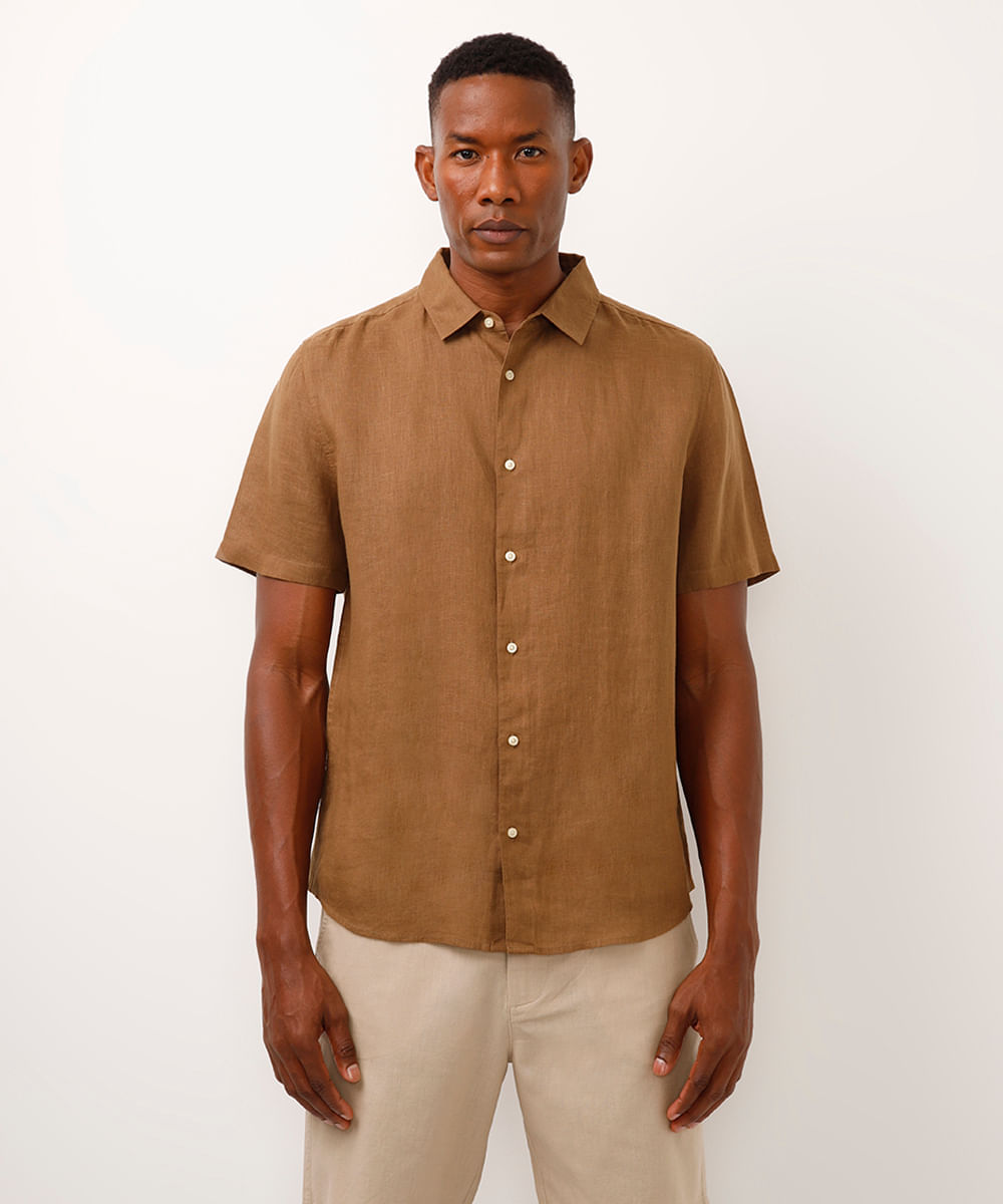 camisa de linho manga curta bege
