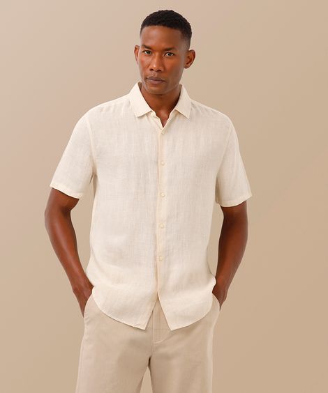camisa de linho manga curta bege