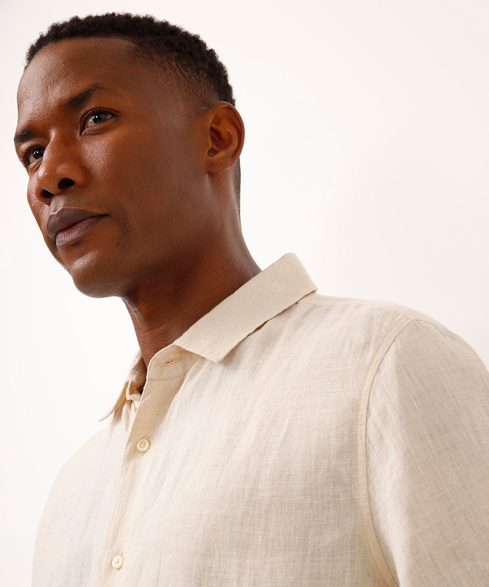 camisa de linho manga curta bege