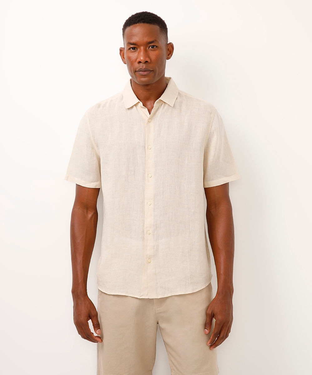 camisa de linho manga curta bege