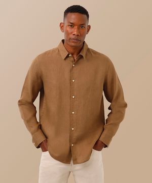 camisa comfort de linho manga longa bege