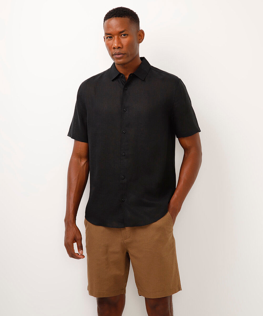 camisa de linho manga curta preta
