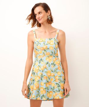 vestido curto de laise estampado azul