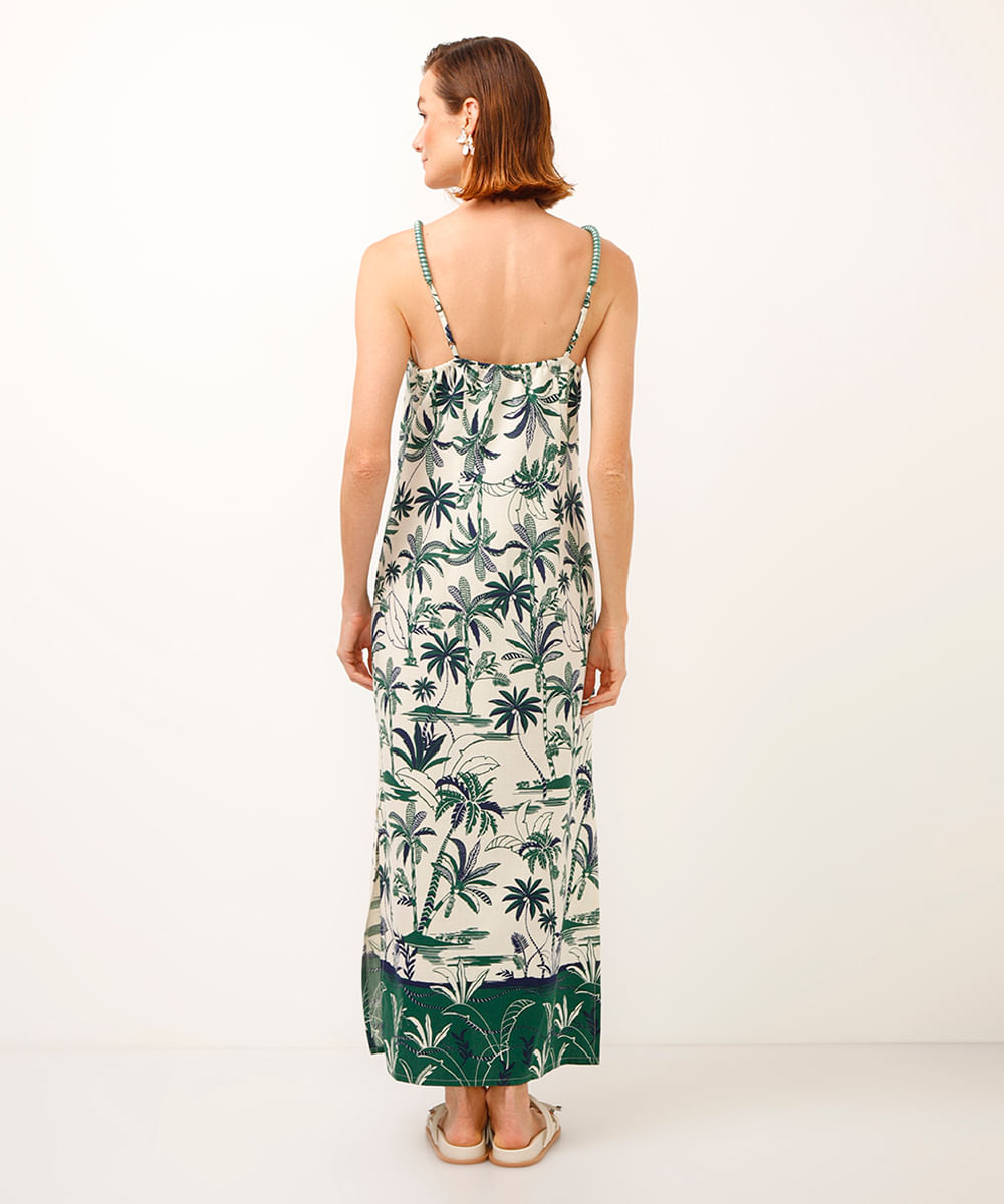 vestido de algodão com fendas folhagens off white