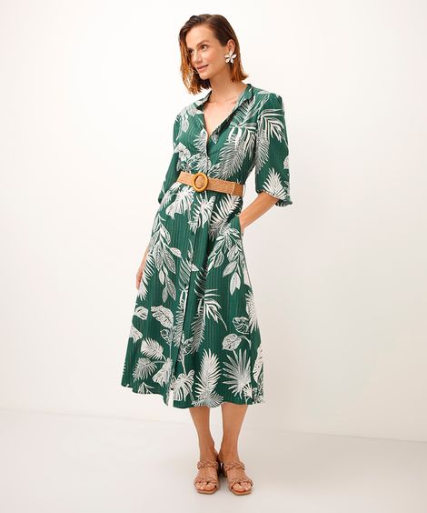vestido chemise de viscose folhagens com cinto verde